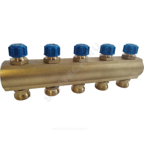 Коллектор латунь 1" ВР/ВР на 11 вых 3/4" НР м/о 50мм под евроконус с запорными клапанами синий маховик Апогей 410435