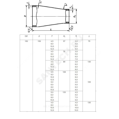 Переход сталь концентрический Дн 57х3,0-38х2,0 (Ду 50х32) бесшовный ГОСТ 17378-2001