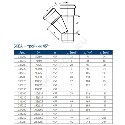 Тройник PP-MD бесшумный светло-серый Skolan dB SKEA Дн 90х90х45гр (DN80) б/нап в/к Ostendorf 334200