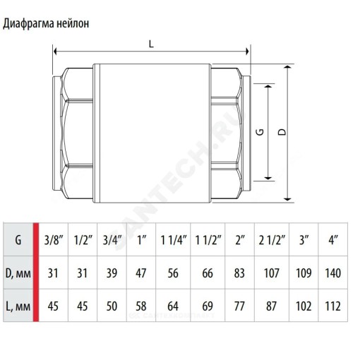 Клапан обратный латунь осевой R60 Ду 50 Ру10 Тмакс=110 оС ВР 2" диск нейлон шток пластик Giacomini R60Y008