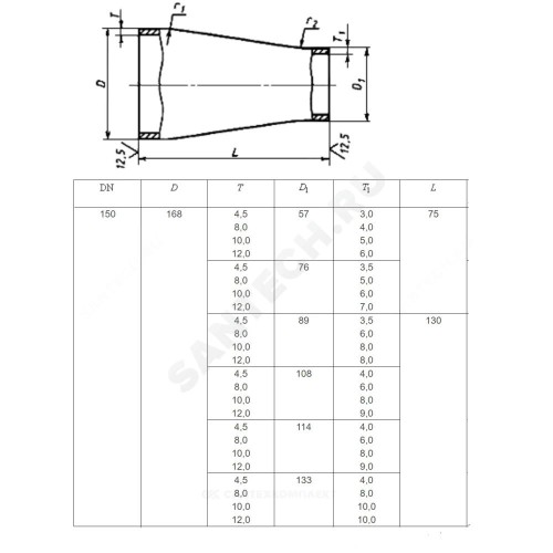 Переход сталь концентрический Дн 426х9,0-325х8,0 (Ду 400х300) бесшовный ГОСТ 17378-2001