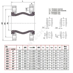 Компенсатор резиновый антивибрационный EPDM DI724016N Ду 350 Ру16 фл L=265мм Tecofi DI724016N-0350 сжатие/растяжение 20 мм/12 мм
