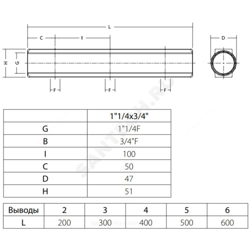 Коллектор латунь 1 1/4" ВР/ВР на 6 вых 3/4" ВР м/о 100мм R582A Giacomini R582AY006