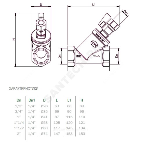 Фильтр сетчатый Y-образный латунь Ду 40 Ру25 Тмакс=120 oC 1 1/2" ВР 114 со сливным краном OR 0114.542