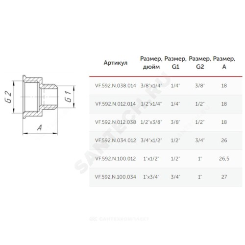 Переход латунь никель Ду 15х8 (1/2"х1/4") ВР/НР VALFEX VF.592.N.012.014
