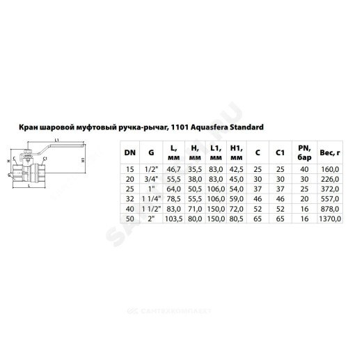 Кран шаровой латунь никель 1101 Standard Ду 25 Ру25 ВР полнопроходной рычаг белый Aquasfera 1101-03