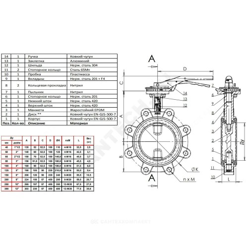 Затвор дисковый поворотный чугун VPI4648-02EP Ду 80 Ру16 с резьб проушинами с рукояткой диск чугун манжета EPDM Tecofi VPI4648-02EP0080