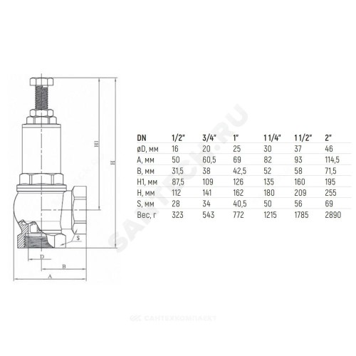 Клапан предохранительный угловой латунь Ду 32х32 Ру16 ВР G1 1/4"хG1 1/4" Рн=1...16бар 180С Benarmo