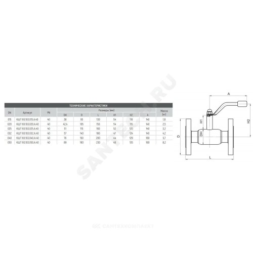 Кран шаровой сталь 09Г2С Ballomax КШТ 60.103 Ду 32 Ру40 фл L=180мм BROEN КШТ 60.103.032.А.40