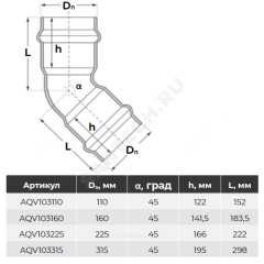 Отвод НПВХ серый SDR26 Дн 225х45гр Ру10 двухраструбный напорный в/к Aquaviva AQV103225