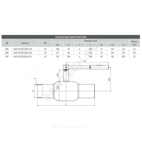 Кран шаровой сталь 09Г2С Ballomax КШТ 60.102 Ду 100 Ру25 п/привар L=390мм BROEN КШТ 60.102.100.А.25
